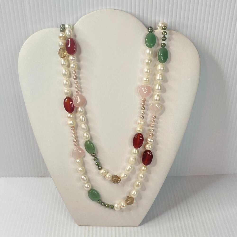 Simulated Pearl Necklace Green Red Pink Stones Long 27" No Clasp